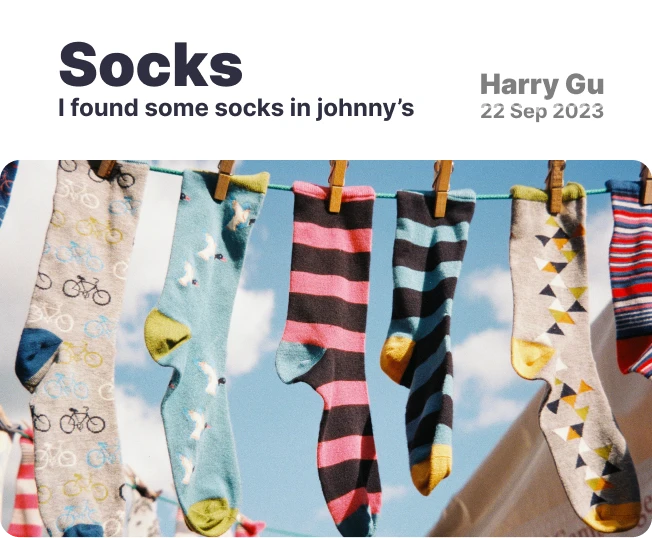 UI card component displaying a photo of socks, user avatar, and location tag.