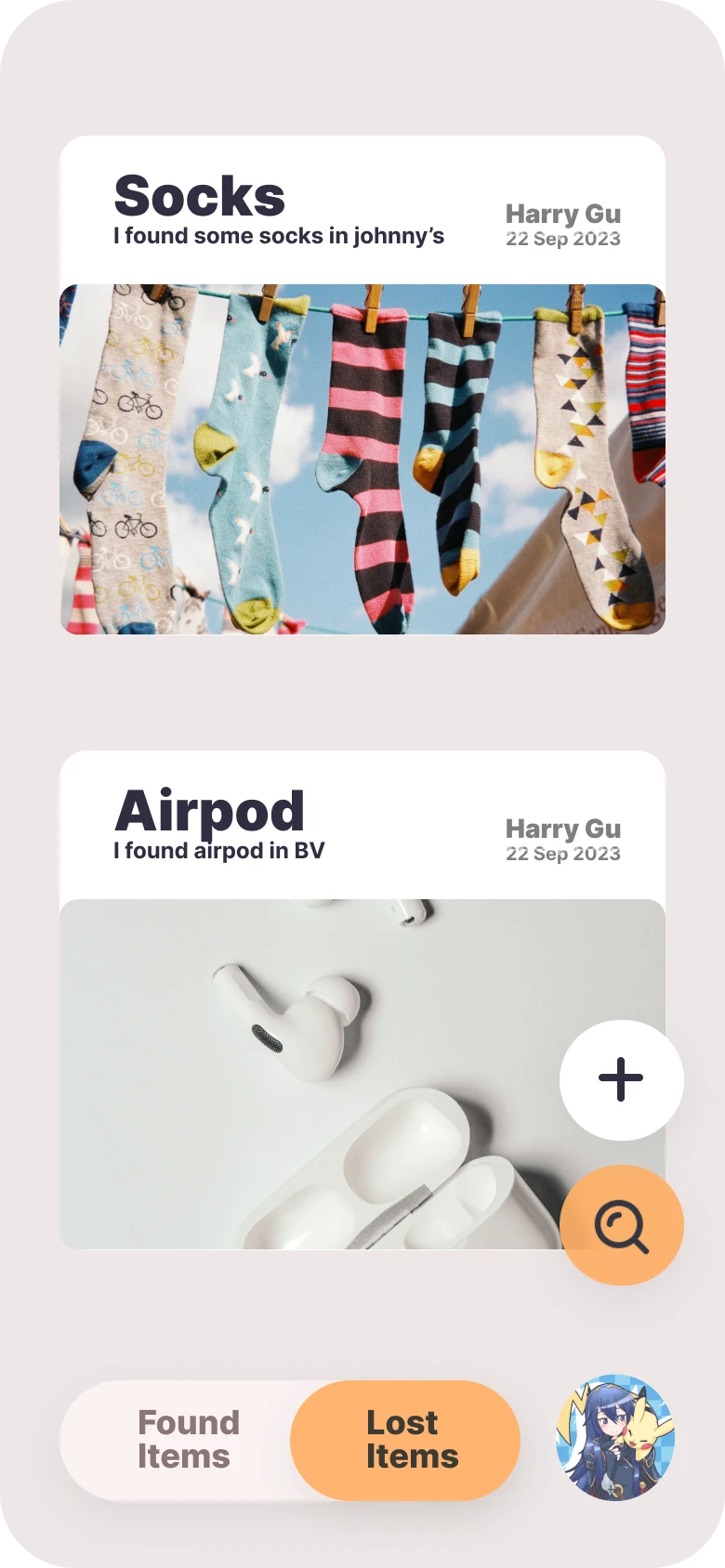 App homepage showing a feed of lost item cards.