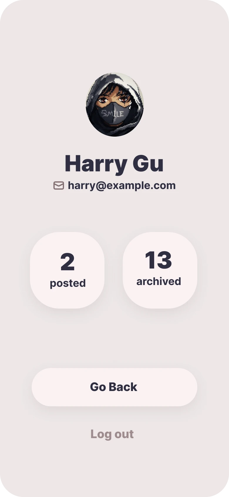 Mobile user profile screen displaying '2 posted' and '13 archived' items.