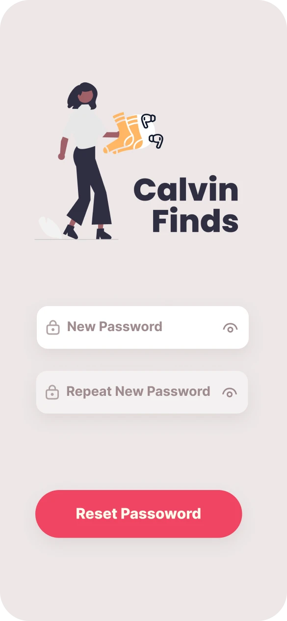 Password reset screen with fields to enter and confirm a new password.