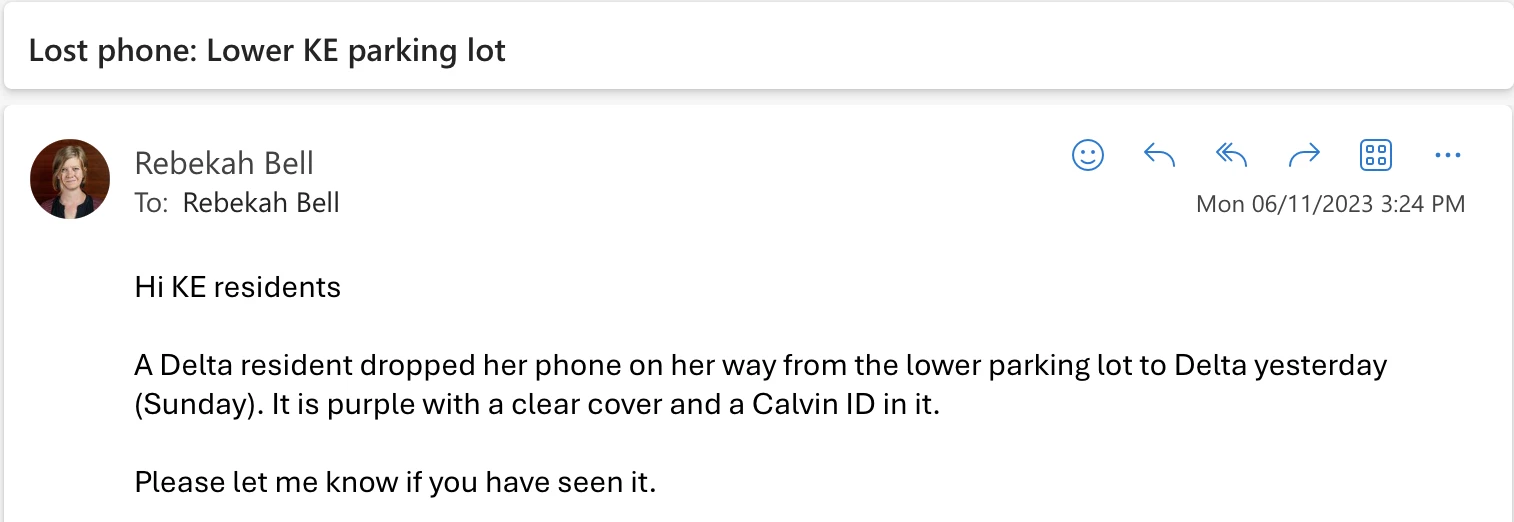 Email notification reporting a lost phone found in a parking lot.