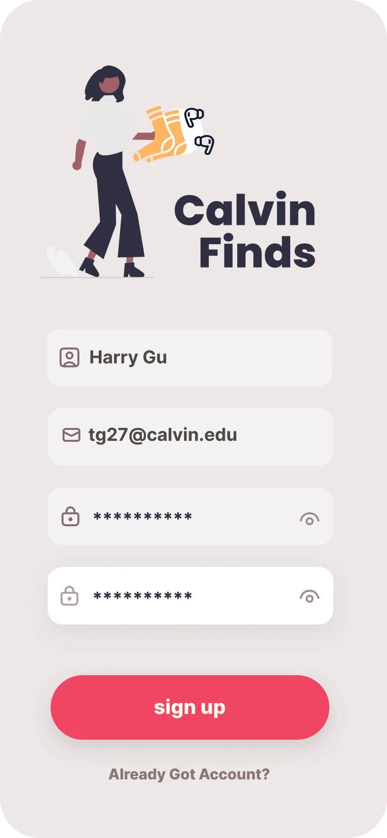 Mobile signup form filled with student credentials.