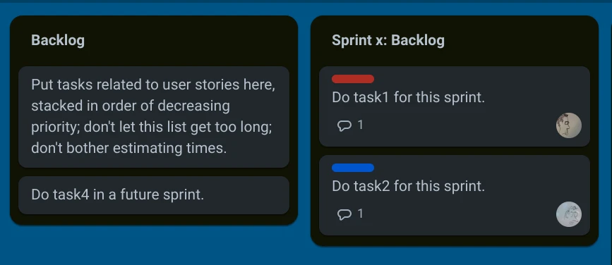 Kanban board columns populated with specific development tasks.