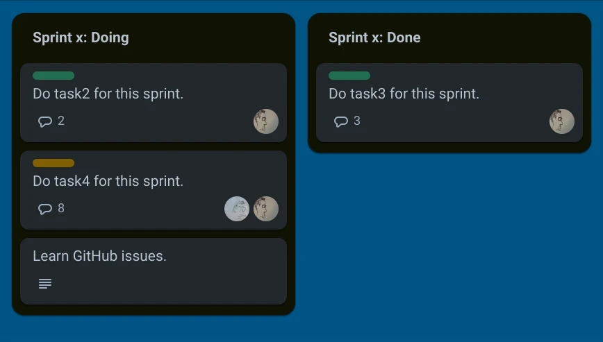 Kanban board showing progress on tasks