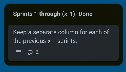 Kanban board detail view showing 'Sprints 1 through x-1' task grouping.