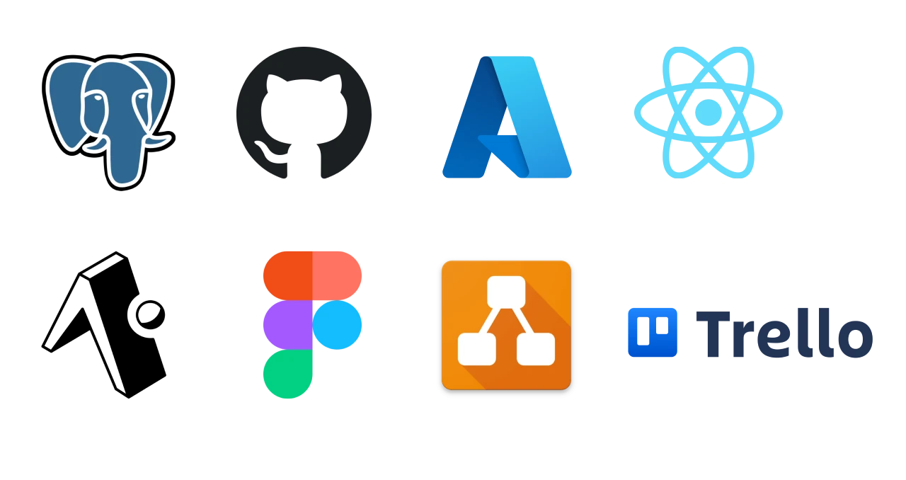 Logos for PostgreSQL, GitHub, Azure, React Native, Figma, Inkscape, and Trello.