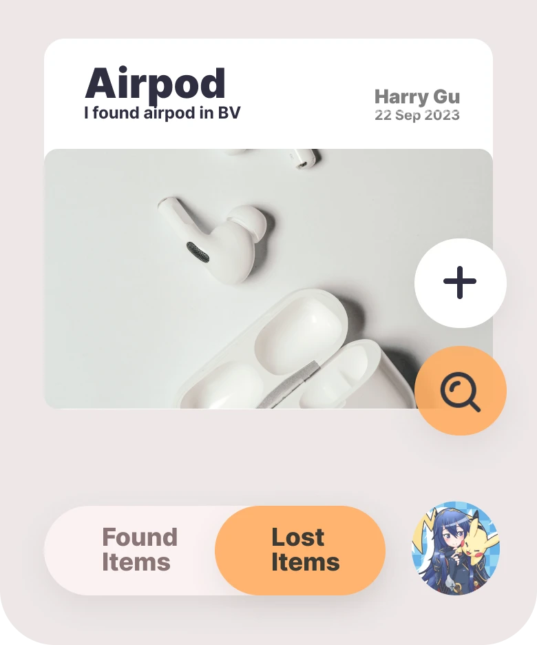 Dashboard using distinct orange buttons for 'Found' and 'Lost' toggles.
