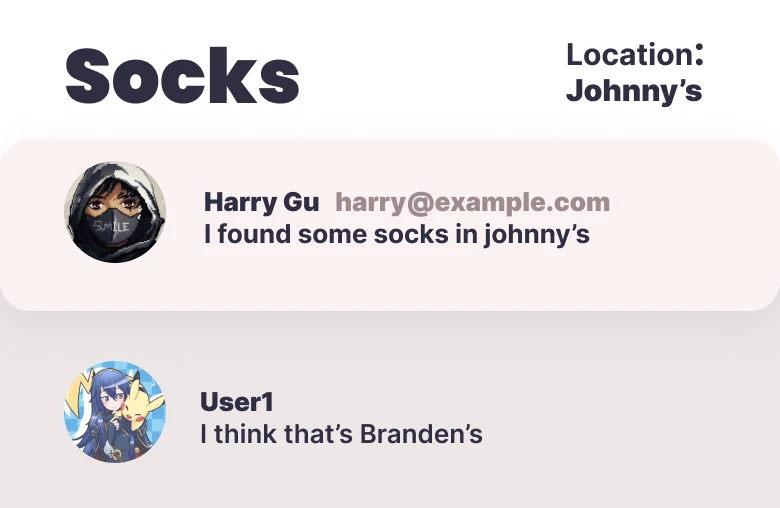 Item detail screen displaying the poster's email and username.