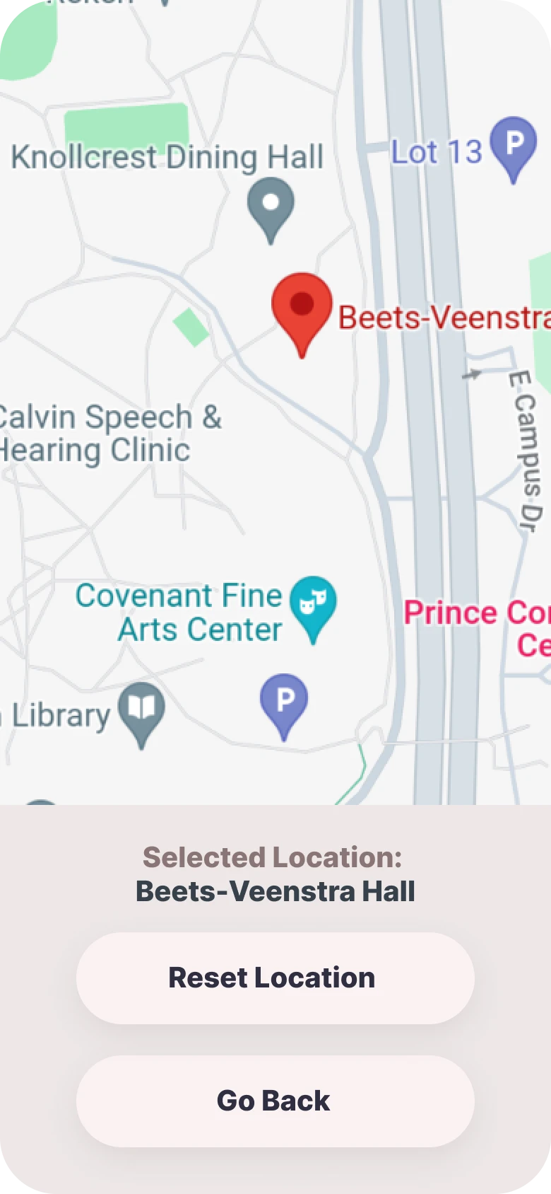 Map interface showing a specific building label 'Beets-Veenstra Hall'.