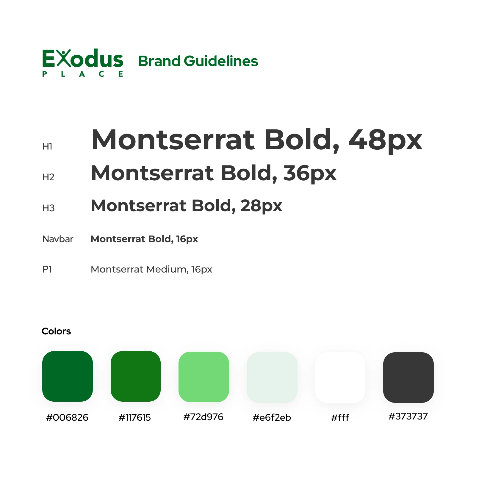 Montserrat font weights and green color swatches.