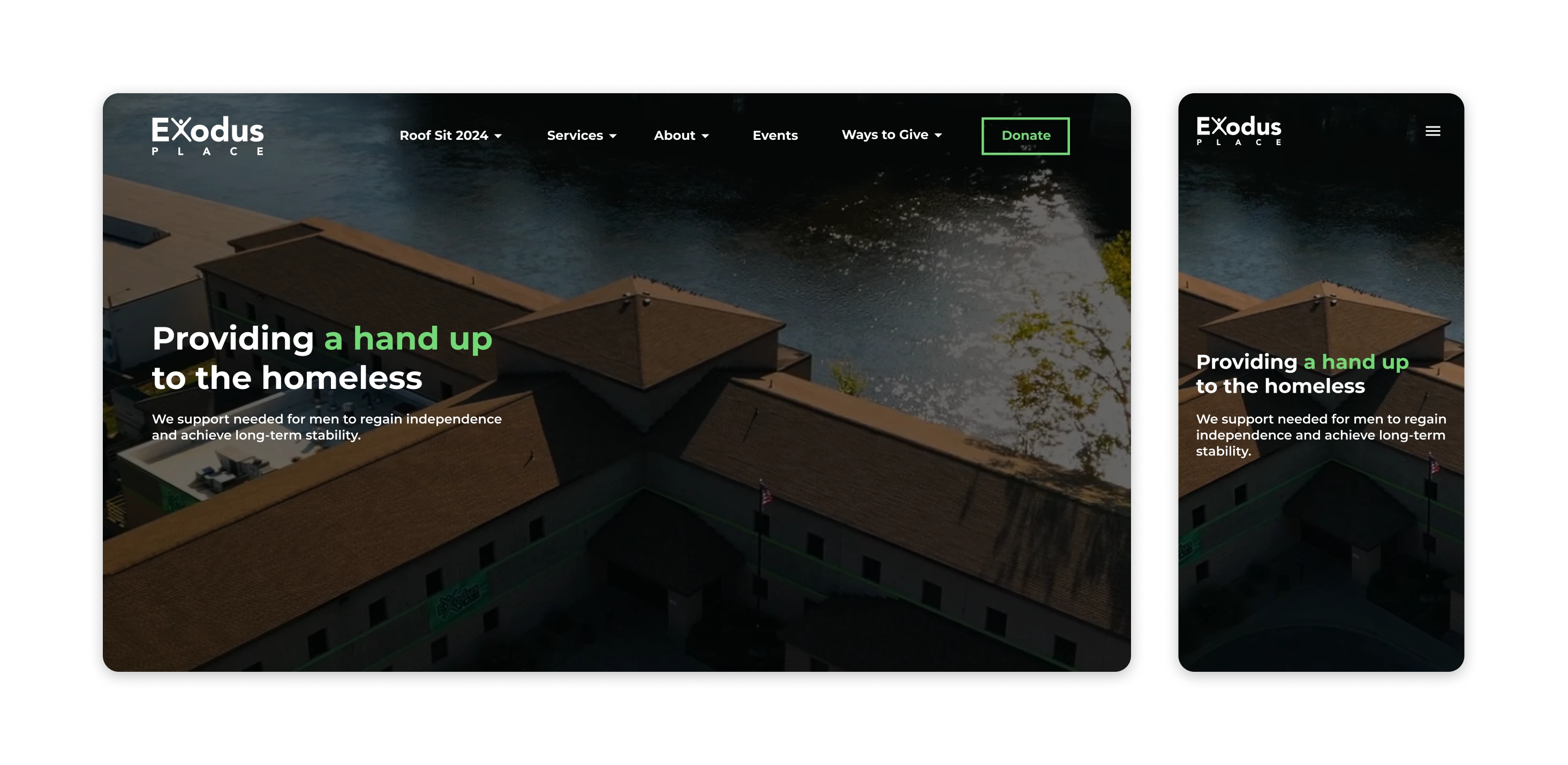 Dark-themed homepage with aerial facility view.