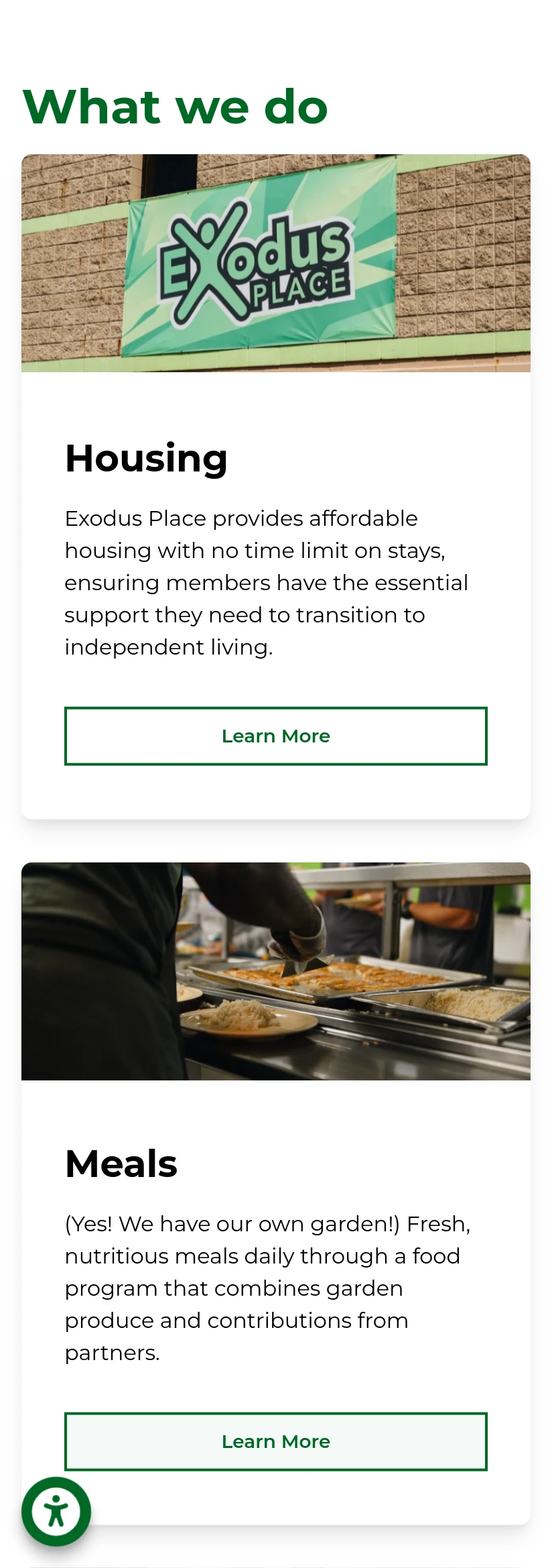 Photos of building exterior, food preparation, and medical care.