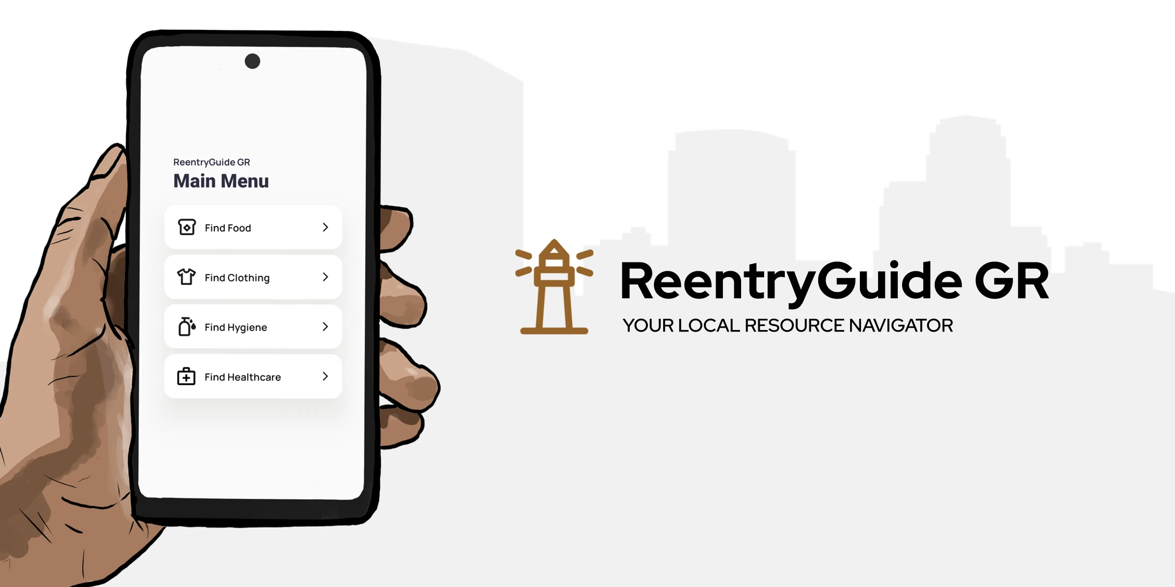 Smartphone held in hand displaying the app's main menu interface.