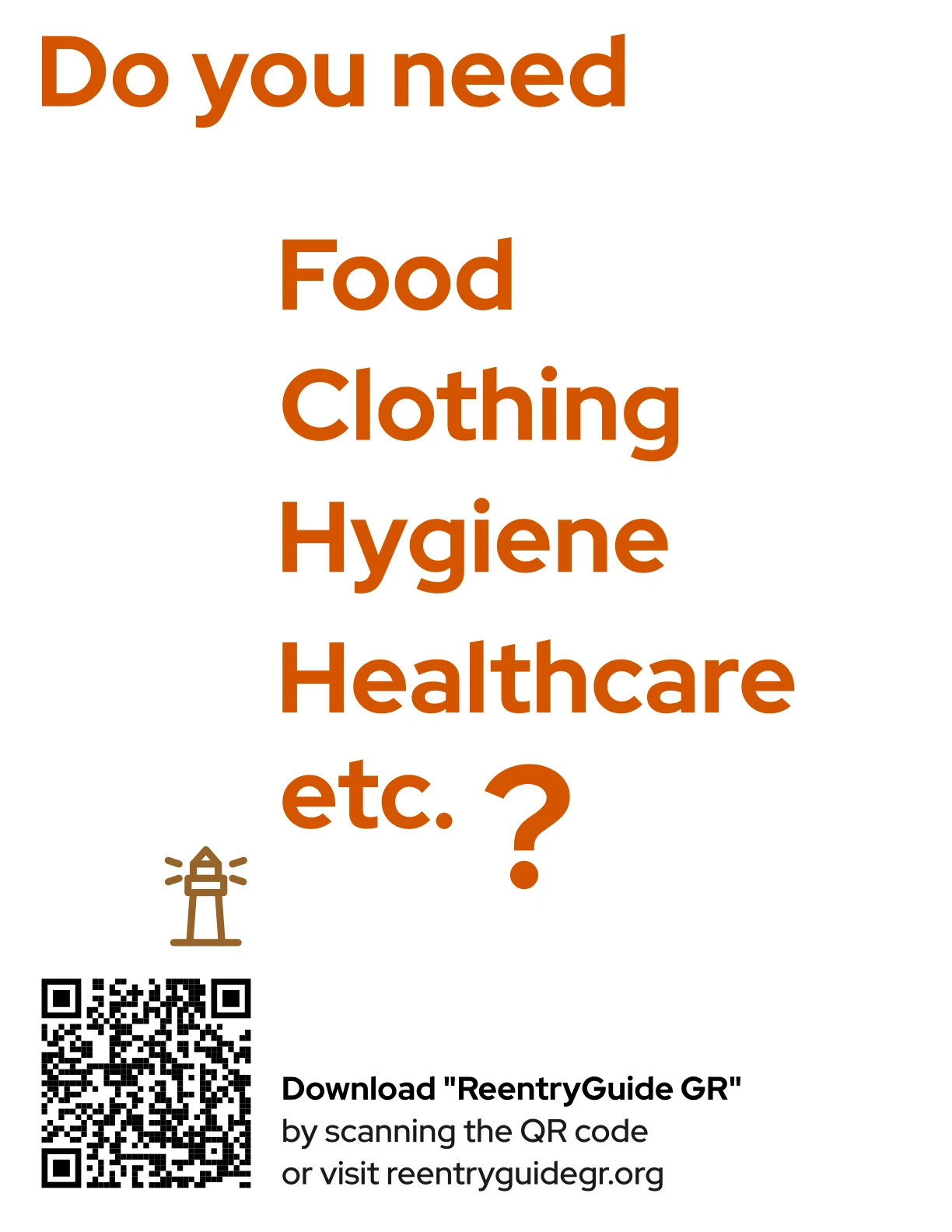 High-contrast flyer design featuring bold orange typography listing resources like Food and Hygiene alongside a QR code.