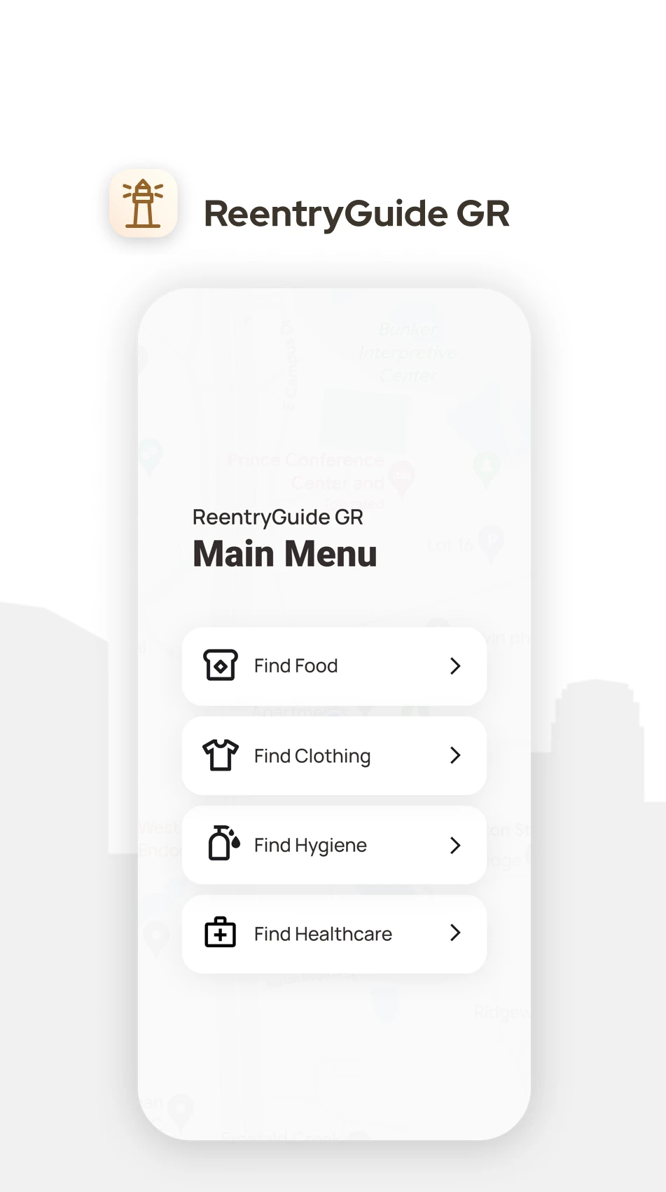 Three mobile screens showing the App Homepage, Main Menu, and Location Details.