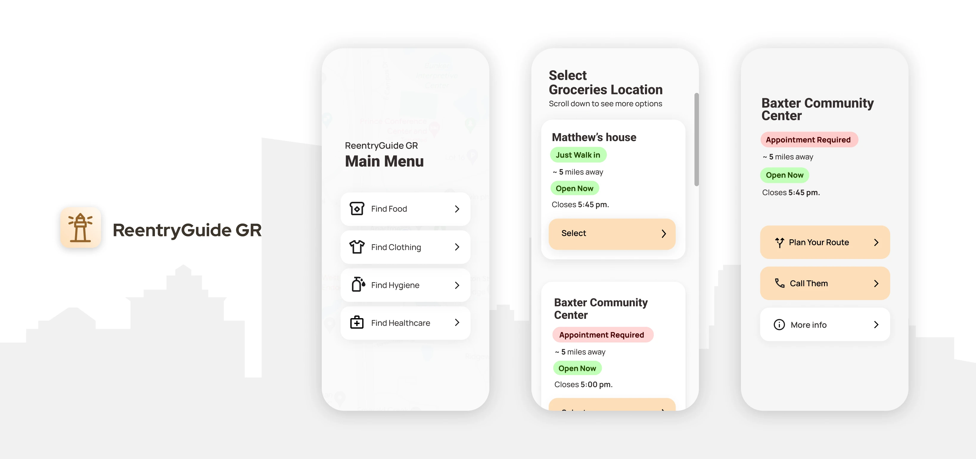 Three mobile screens showing the App Homepage, Main Menu, and Location Details.