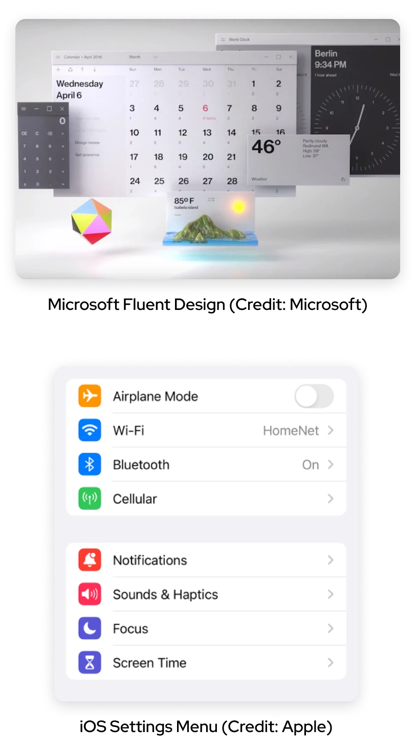 Visual references: Microsoft Fluent Design calendar and iOS Settings menu.
