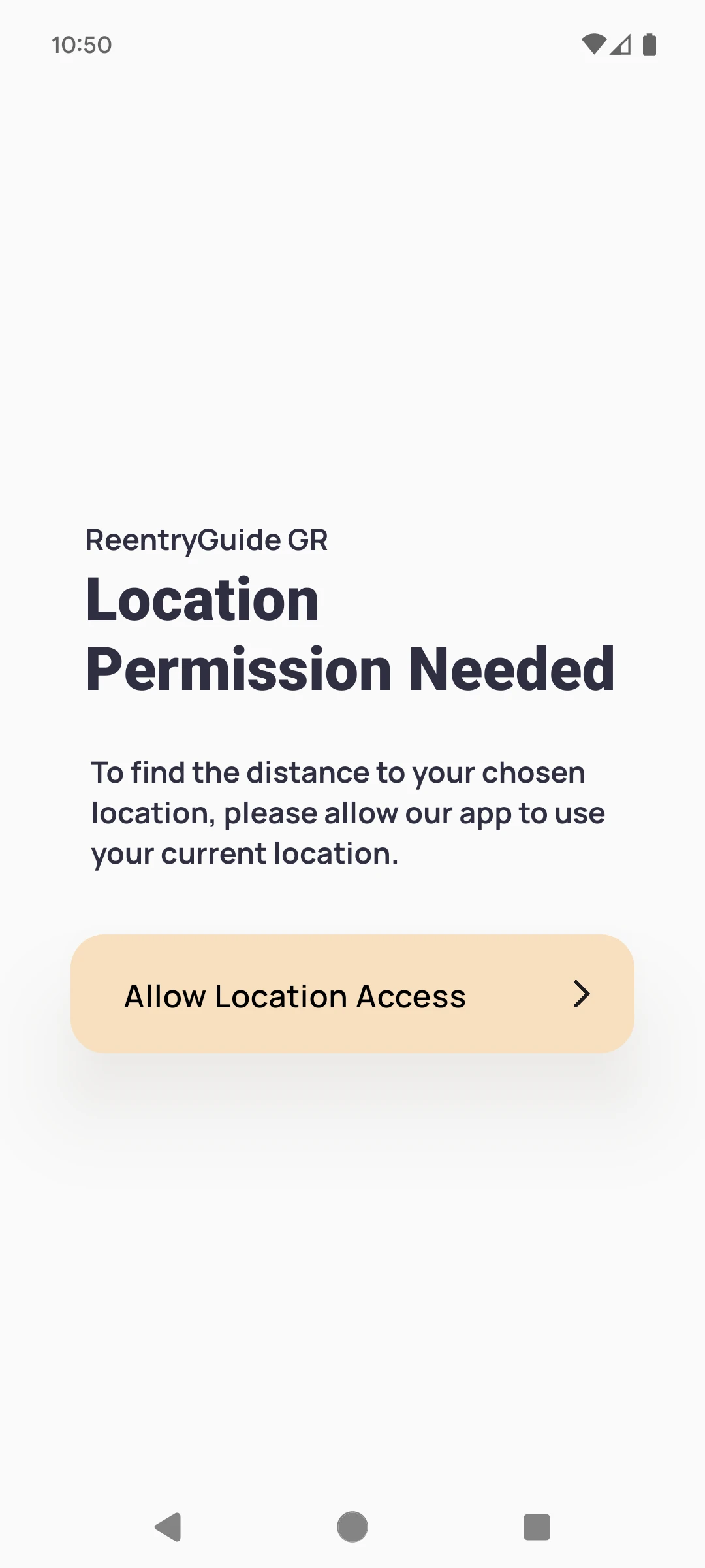 Onboarding flow showing a Location Permission request.