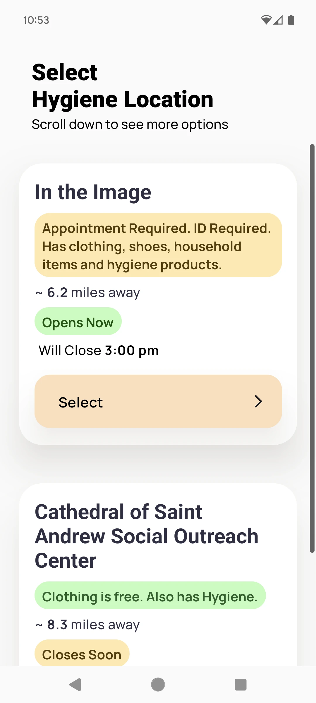 Mobile screen displaying a list of hygiene centers.