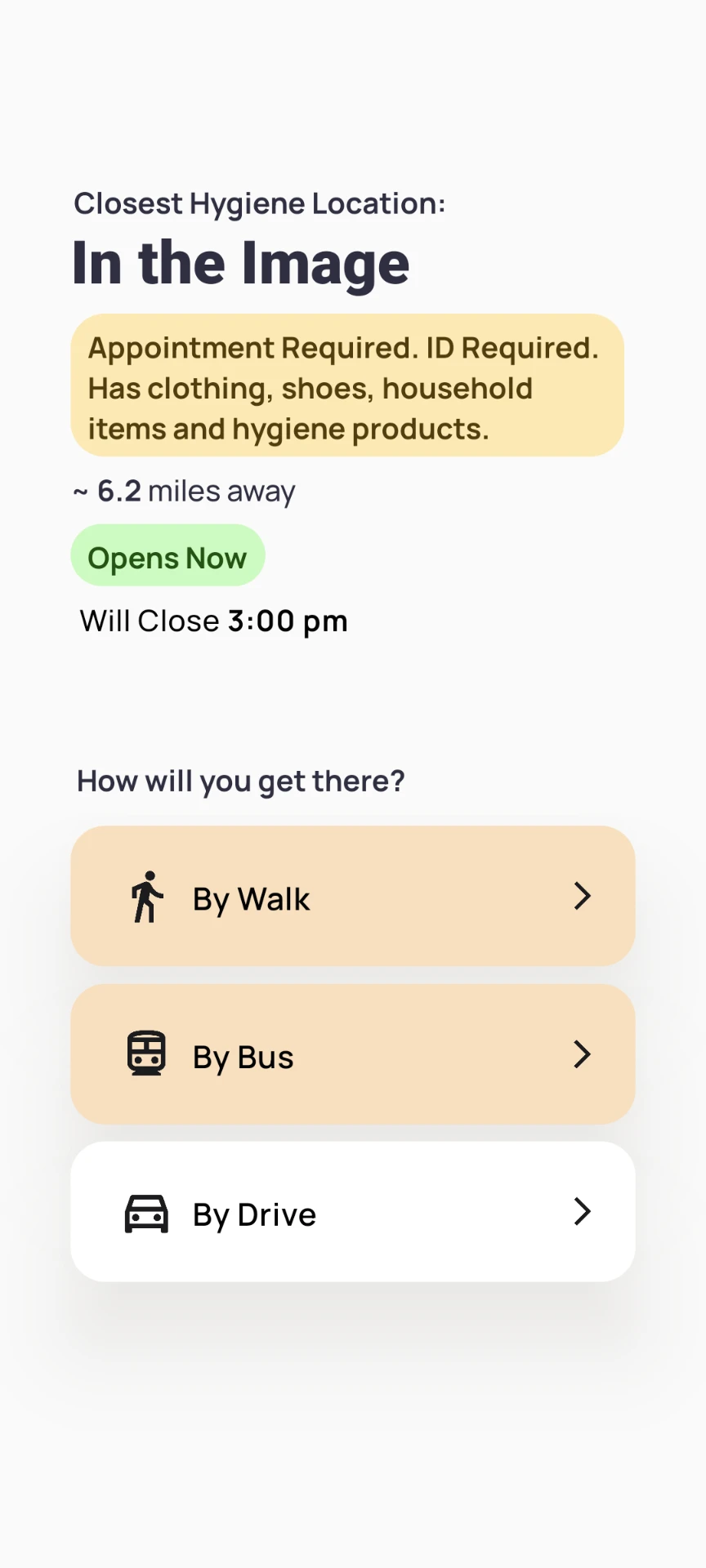 User flow displaying transportation mode selection options (Walk, Bus, Drive).