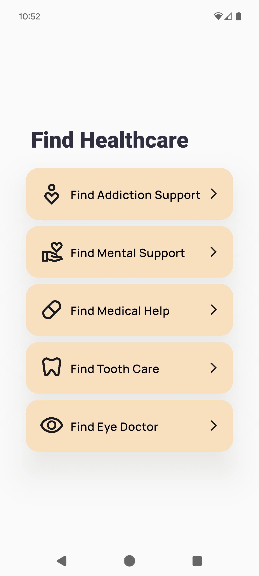 Mobile screen showing the Find Healthcare category menu.