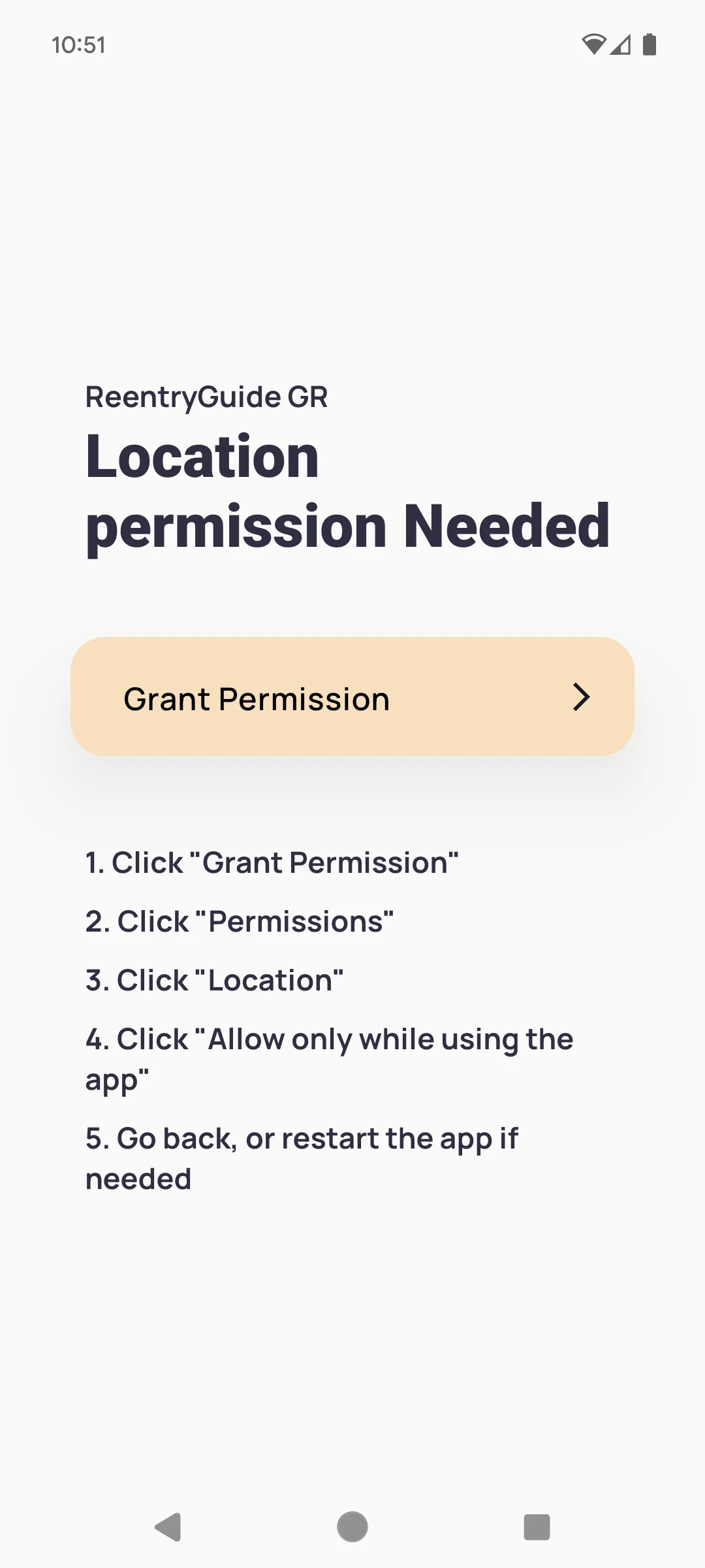 Onboarding flow showing a step-by-step guide on how to grant permissions.