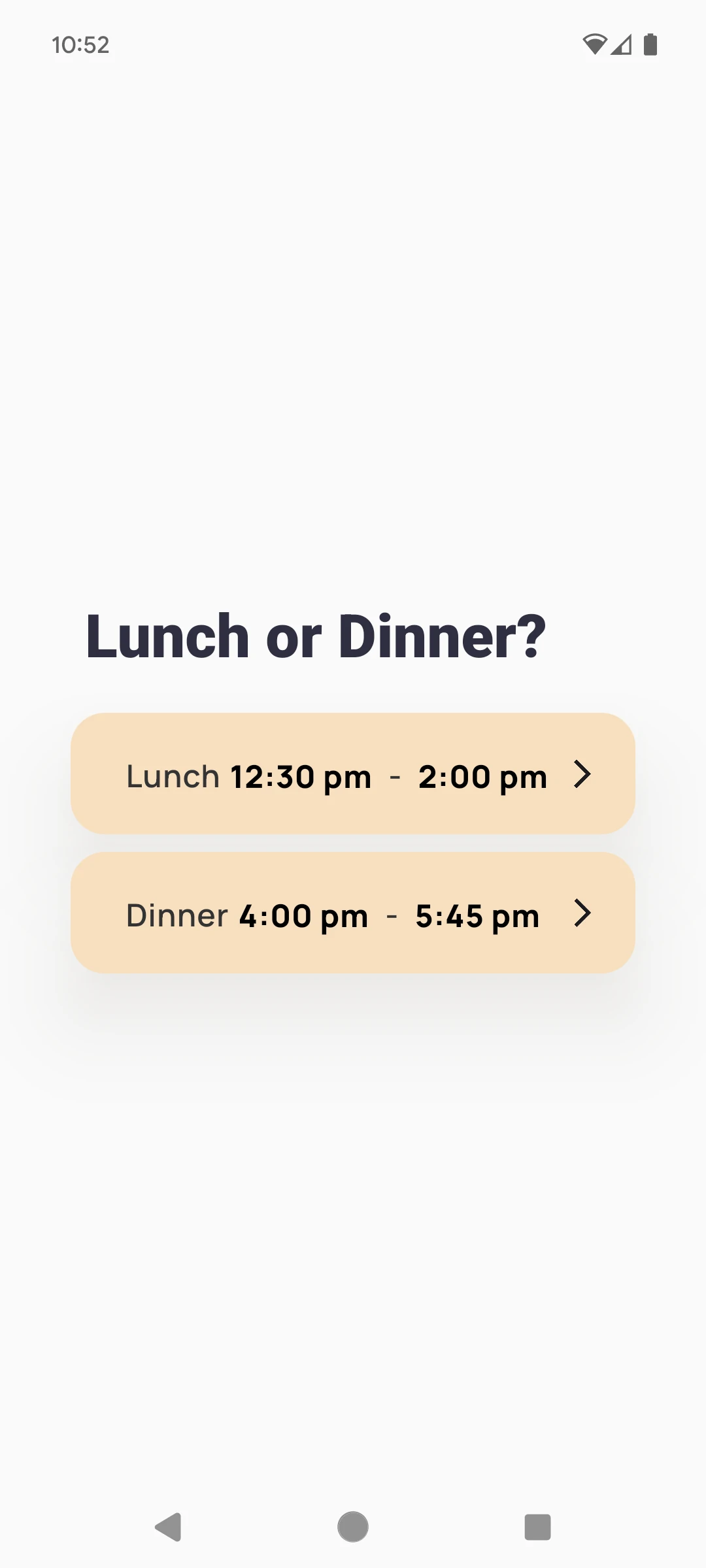 Navigation flow ending with a 'Lunch or Dinner' time selection screen.
