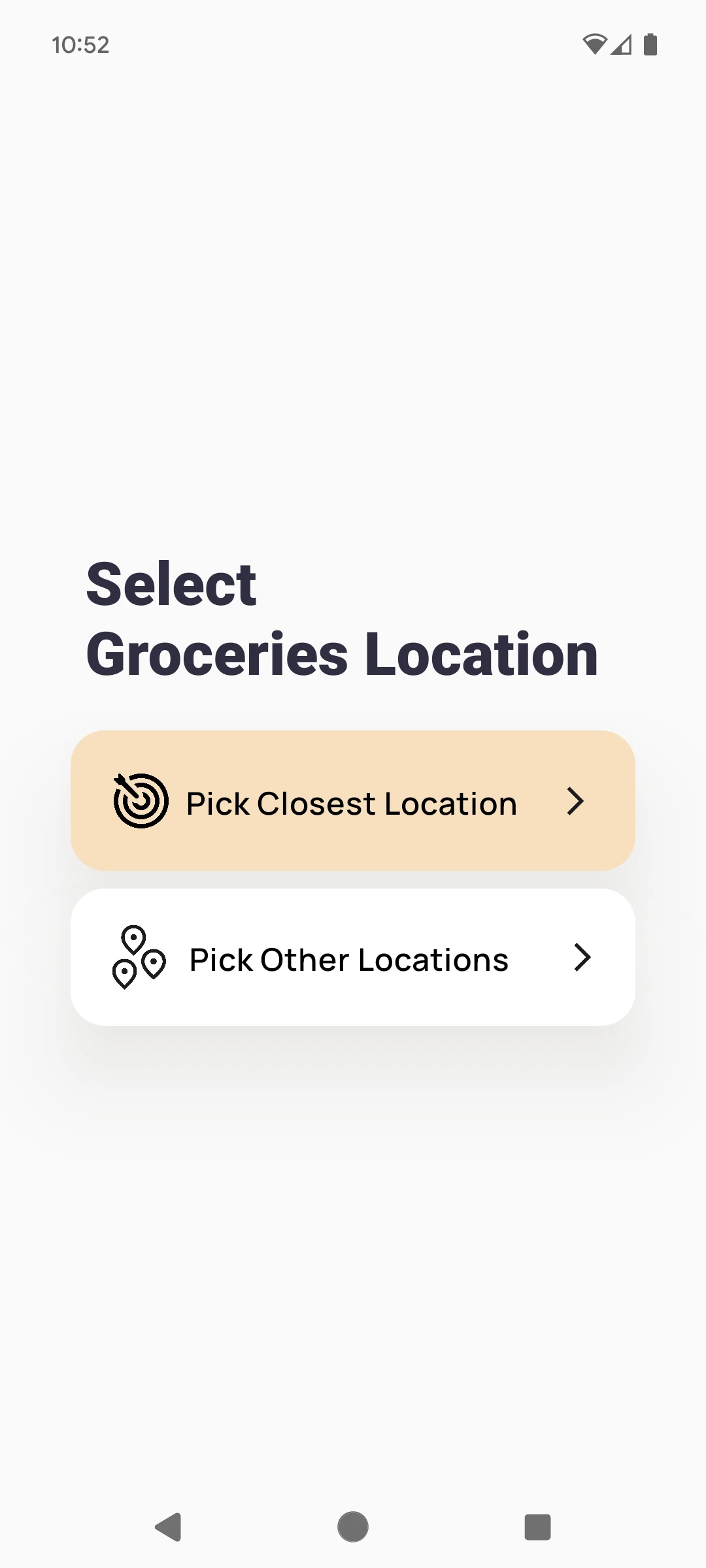 Interface screen showing menu options to 'Pick Closest Location' for groceries and hygiene.