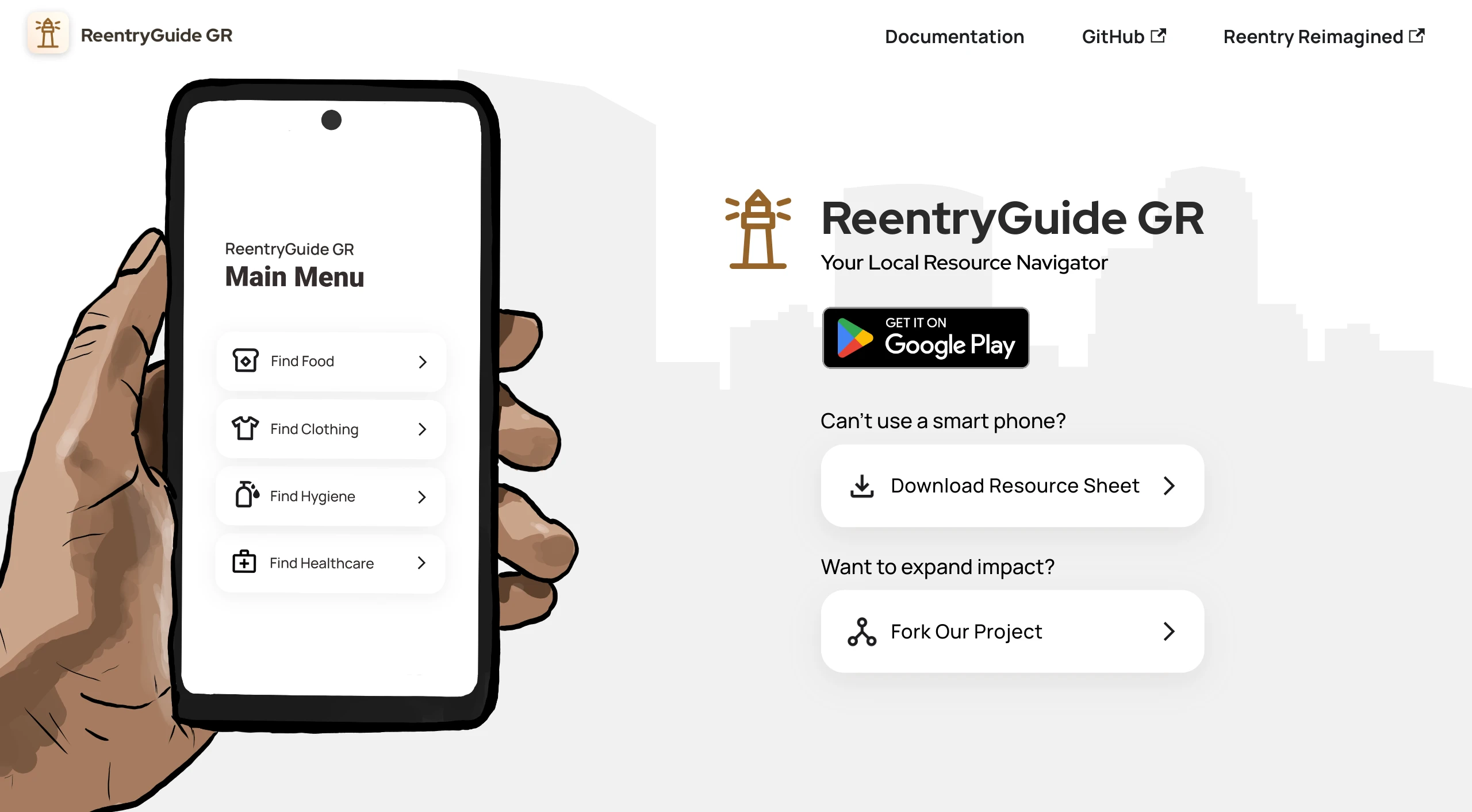Promotional graphic featuring a hand holding a smartphone displaying the ReentryGuide main menu against a light gray city skyline background.