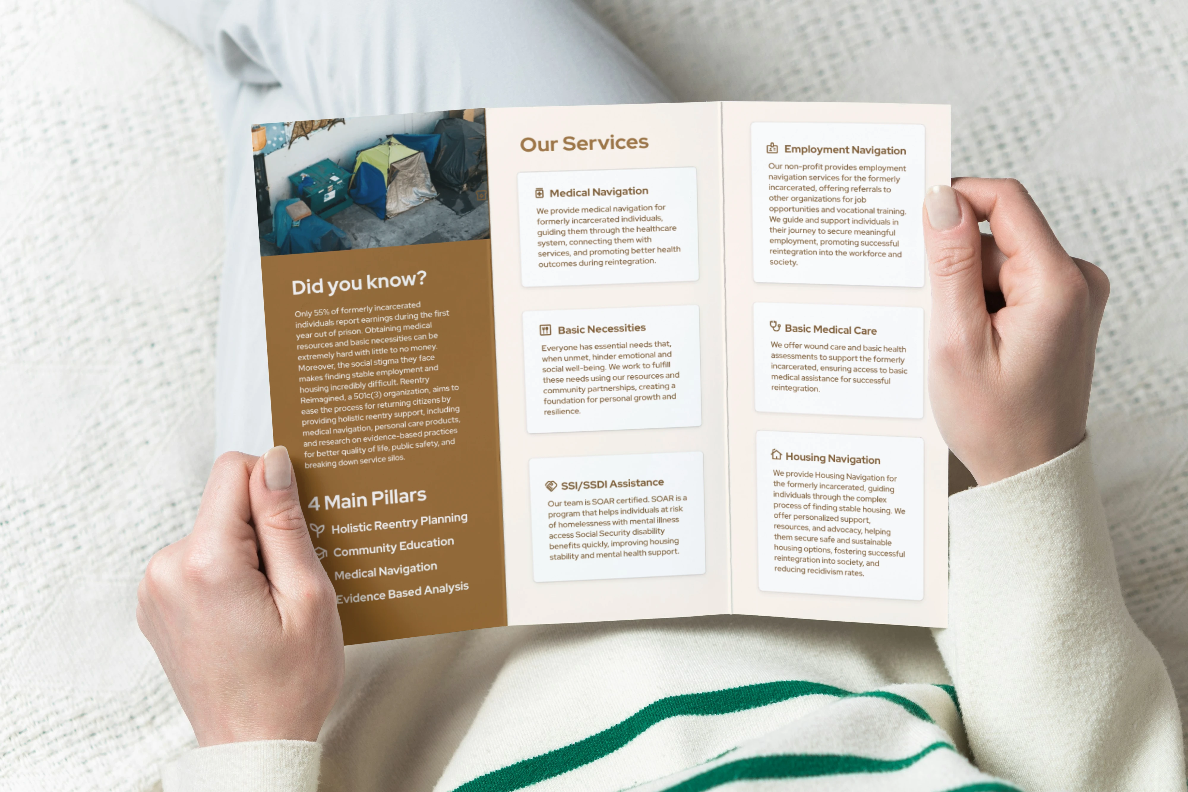 Fully open brochure held in hands, displaying the internal 'Our Services' and statistics panels.