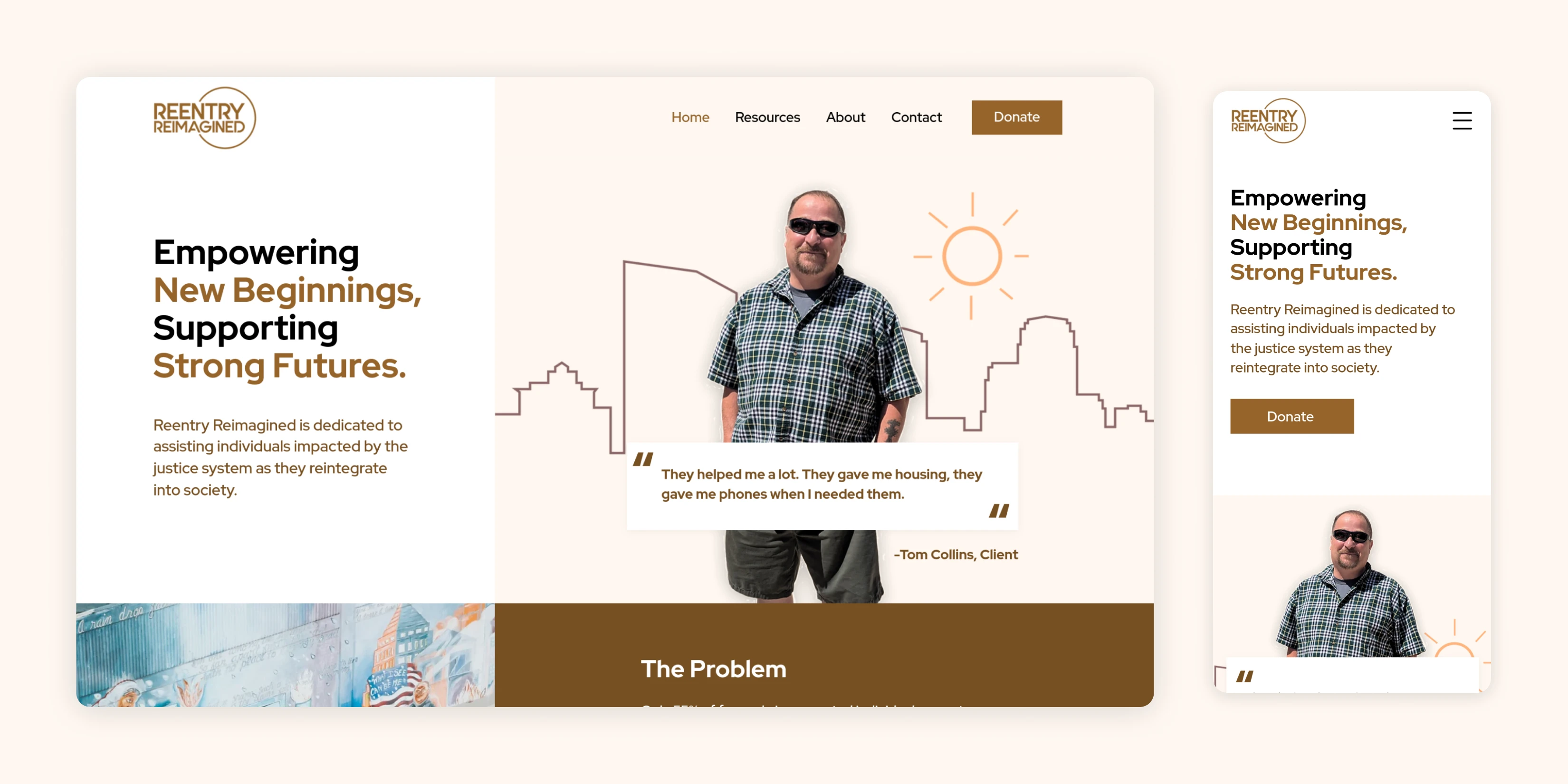 Earth-toned website redesign displayed on laptop and mobile screens.