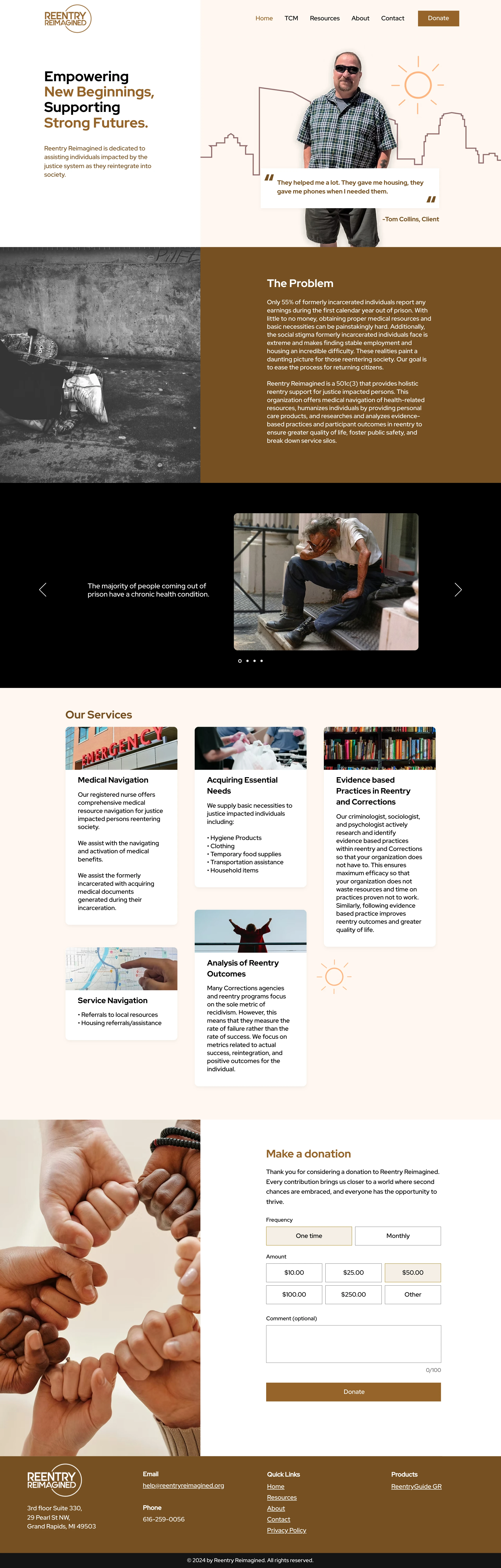 Full-page mockup showing the homepage scroll flow, from hero section to footer.
