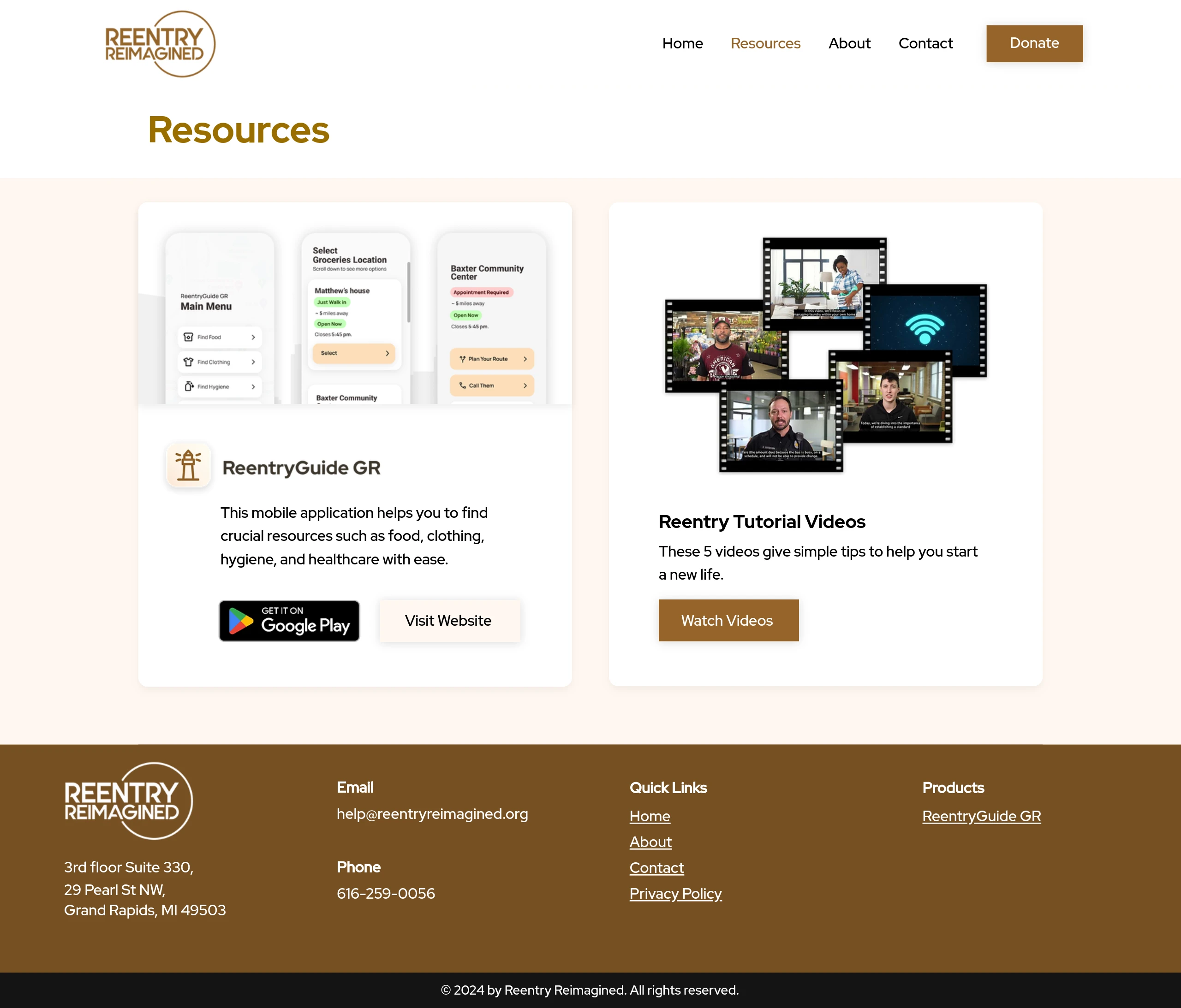 Desktop screenshot of the Reentry Reimagined Resources page.