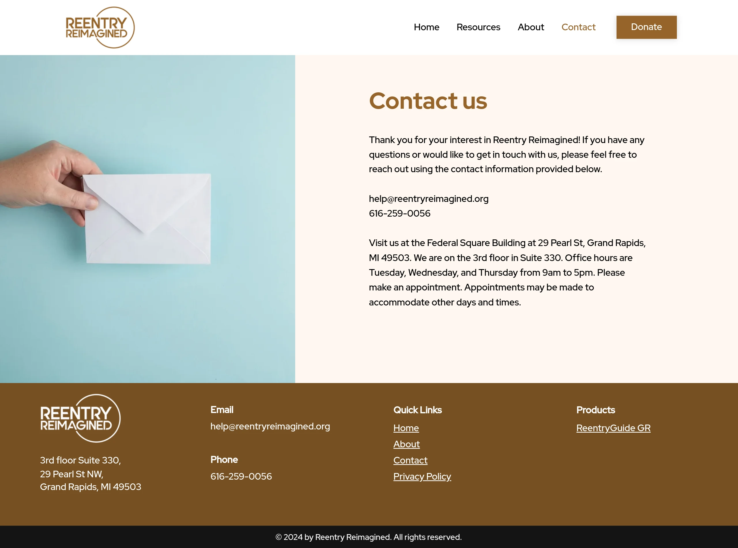 Desktop screenshot of the Reentry Reimagined Contact page.