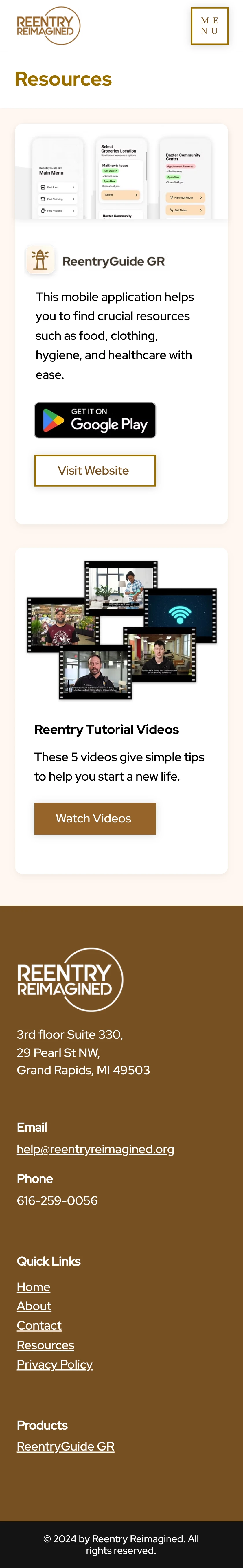 Mobile screenshot of the Reentry Reimagined Resources page.