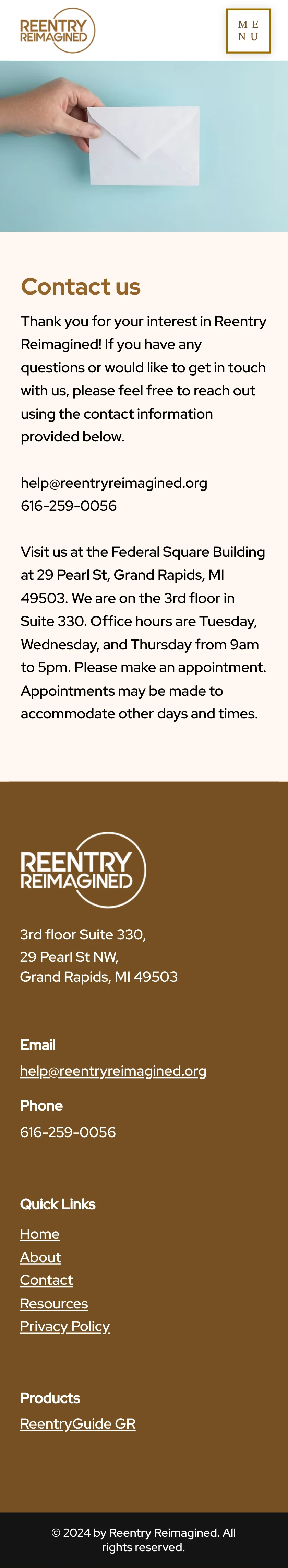 Mobile screenshot of the Reentry Reimagined Contact page.