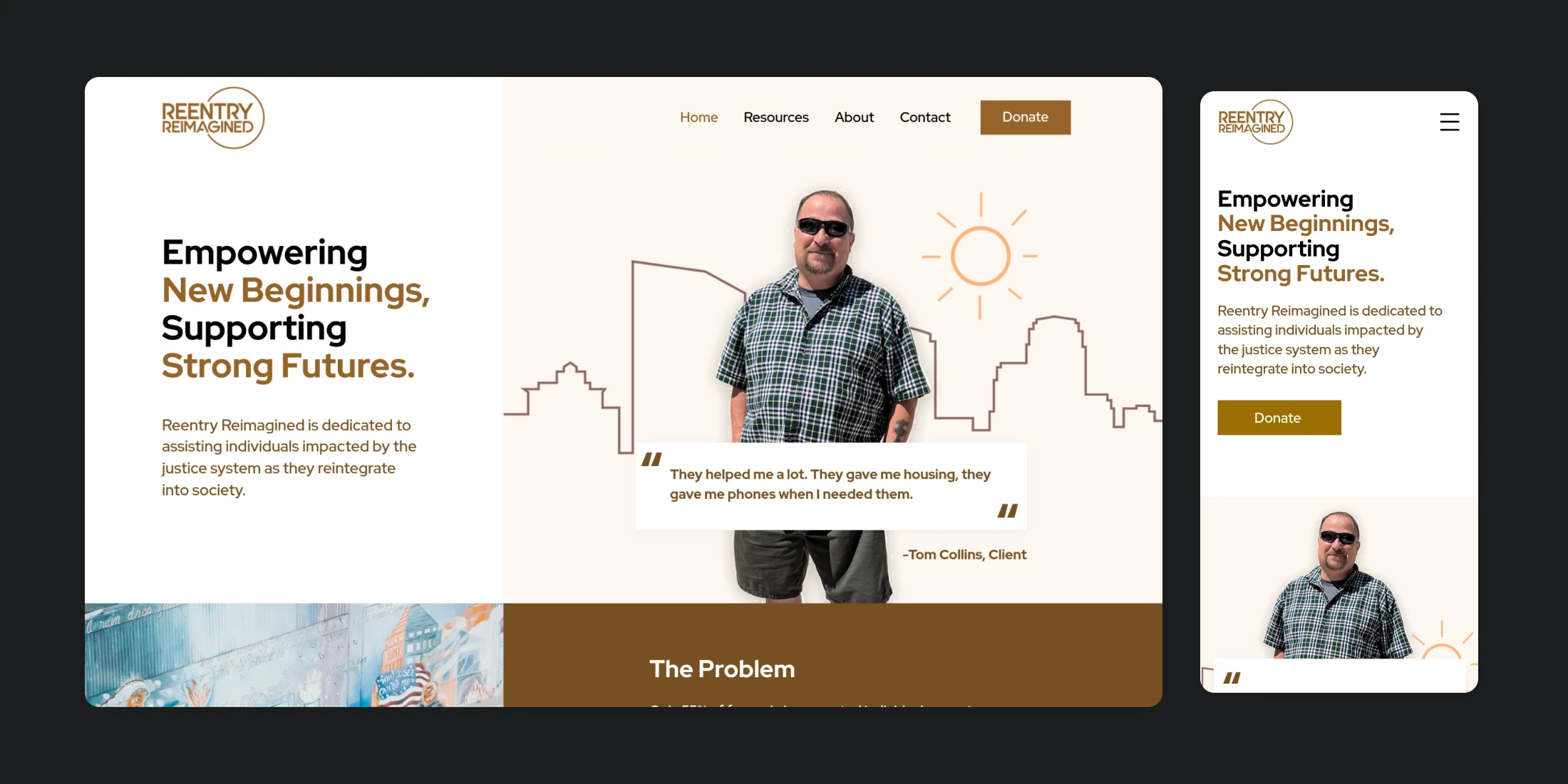 Earth-toned website layout displayed on desktop and mobile screens.