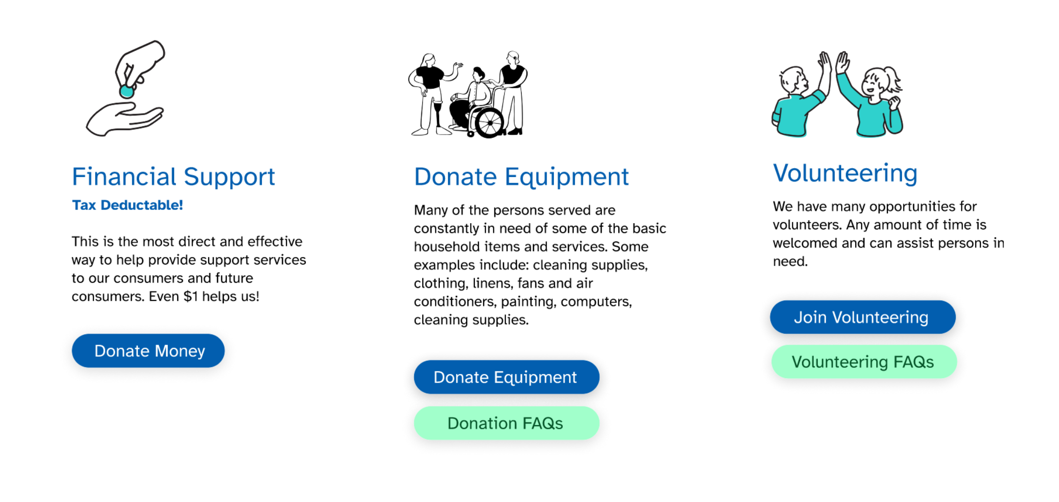 Redesigned Support Us page with three illustrated cards for Financial Support, Donate Equipment, and Volunteering, each with a brief description and call-to-action button.