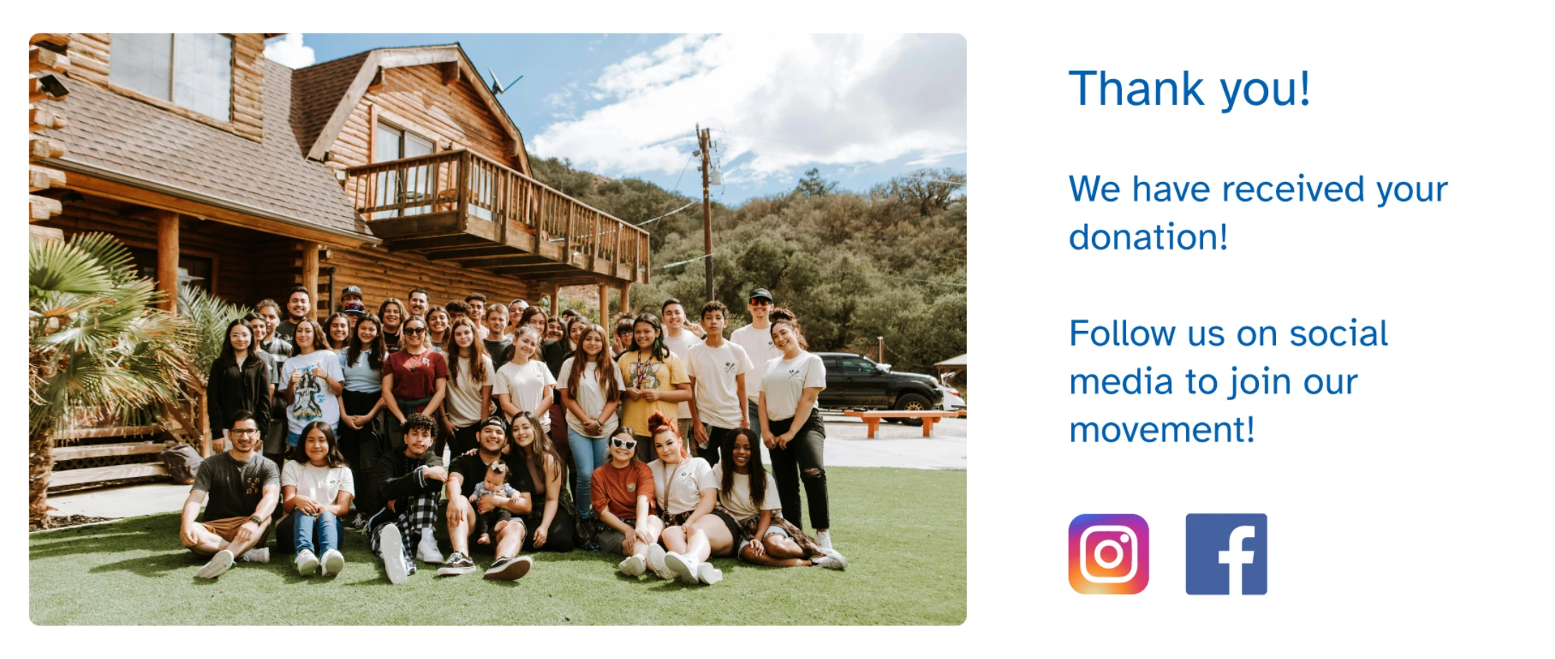 Thank You page displayed after donation, featuring a group photo of staff members outside a lodge and social media links to Instagram and Facebook.