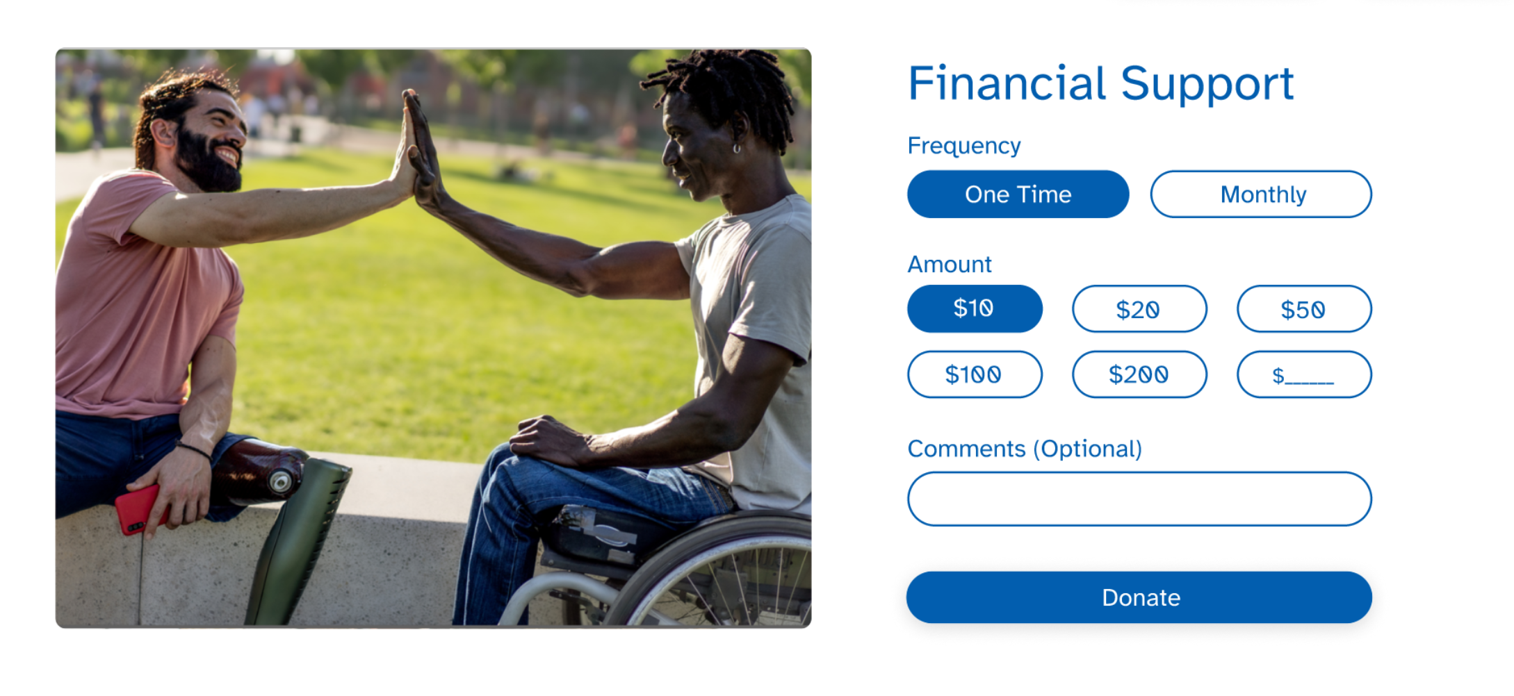 Digital donation form with frequency toggle for one-time or monthly giving, preset amount buttons from $10 to $200, a custom amount field, and a Donate button.