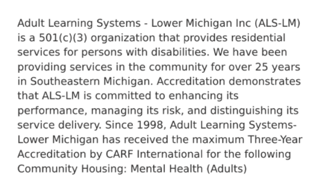Before: original ALS-LM website with a dense, single-block paragraph describing their CARF accreditation and 25-year history.