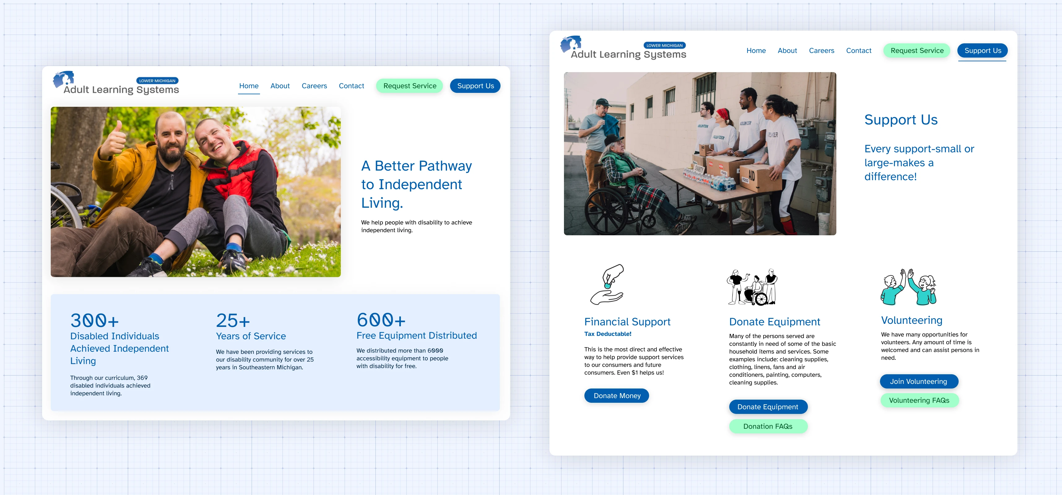 Two web pages on a blueprint grid.