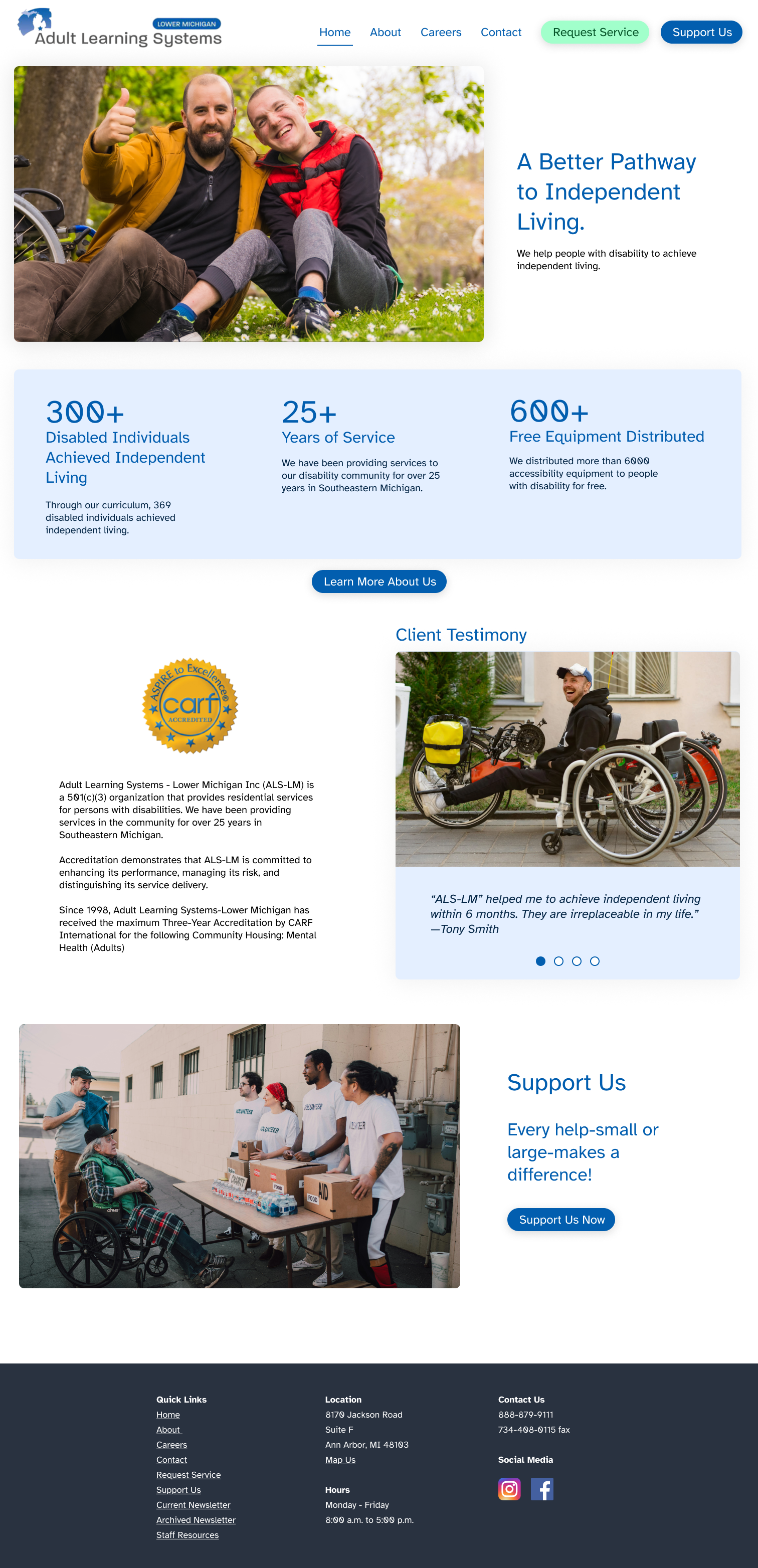 Final redesigned homepage with hero section, impact statistics, a 'Learn More About Us' button, client testimony carousel, accreditation details, and a Support Us call to action.