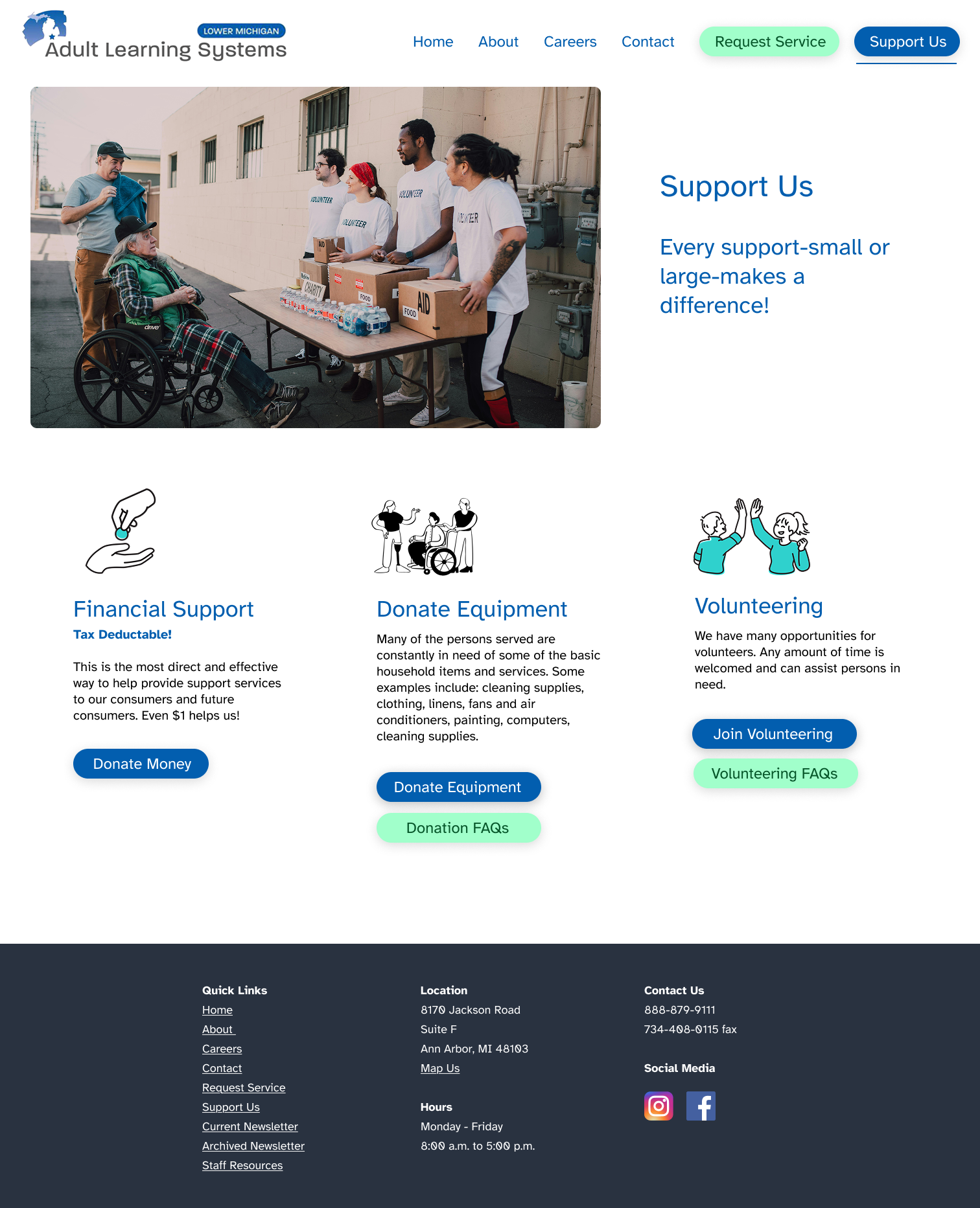 Final Support Us page with a hero photo of volunteers packing donations and three illustrated cards for Financial Support, Donate Equipment, and Volunteering.