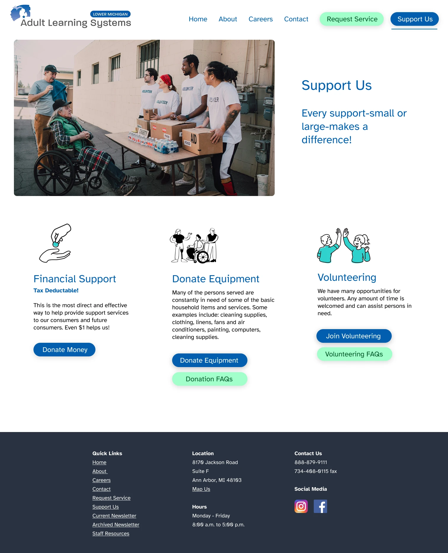 Final Support Us page with a hero photo of volunteers packing donations and three illustrated cards for Financial Support, Donate Equipment, and Volunteering.