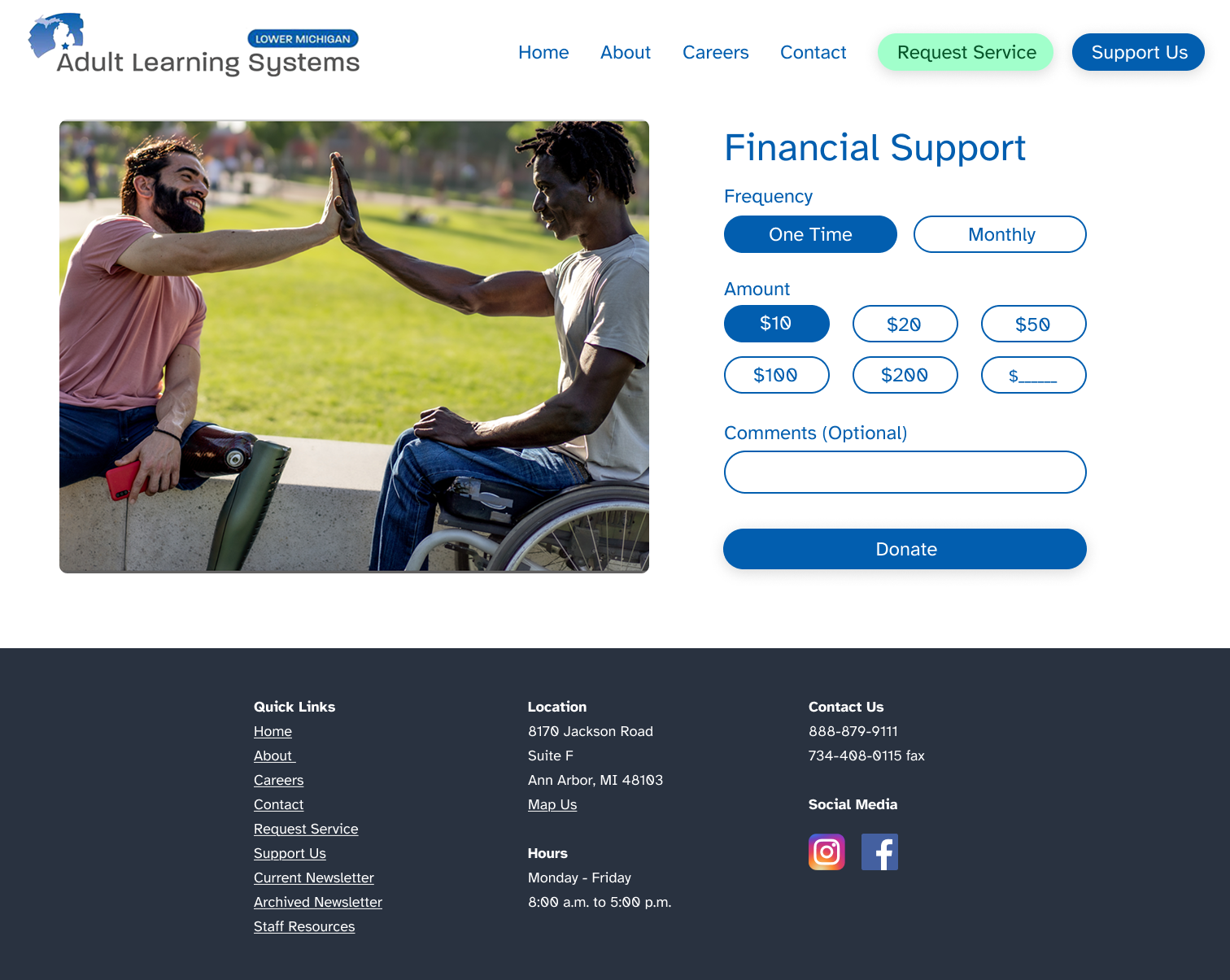 Final donation selection page with a photo of two men high-fiving, frequency toggle, preset donation amounts from $10 to $200, and a Donate button.