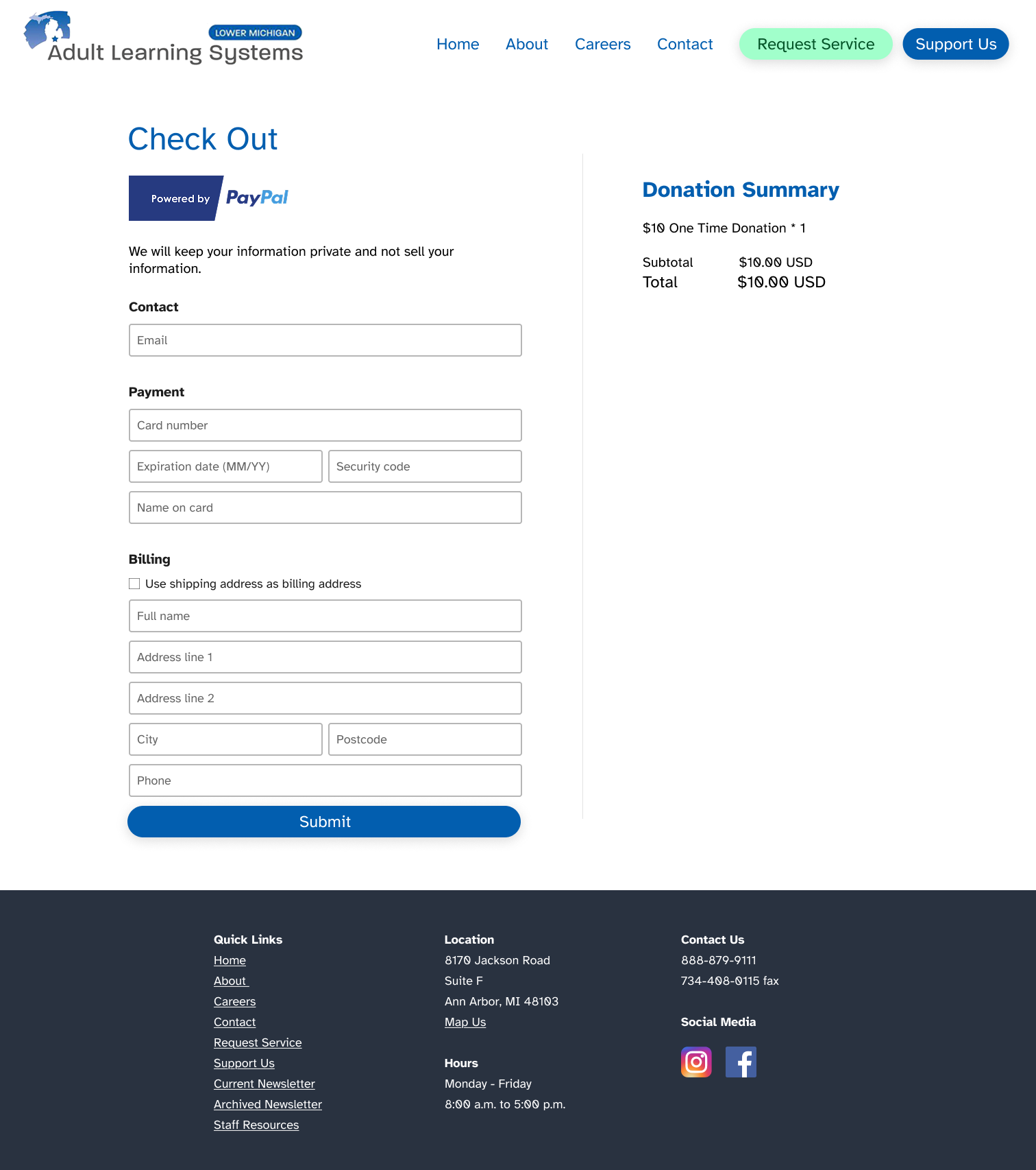 Final checkout page with PayPal badge, privacy assurance text, contact and payment form fields, donation summary showing a $10 one-time donation, and a Submit button.