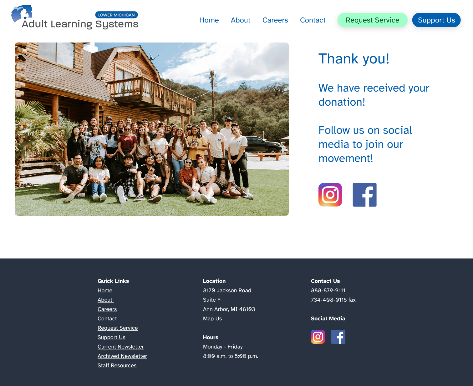 Final thank-you page with a group photo of staff in front of a lodge, a message confirming the donation, and social media links to Instagram and Facebook.