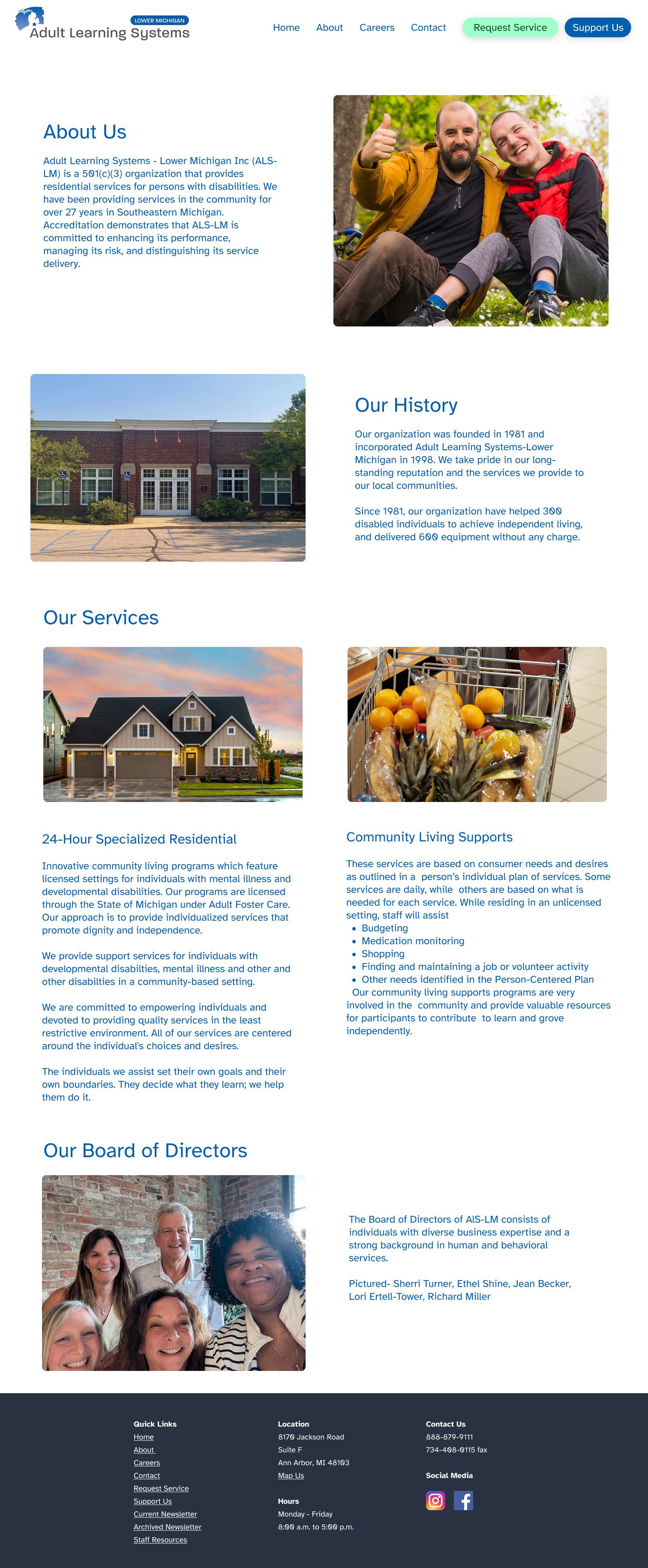 New About Us page with organization history, photos of a residential home and staff with a client, descriptions of 24-hour specialized residential and community living services, and a Board of Directors section.