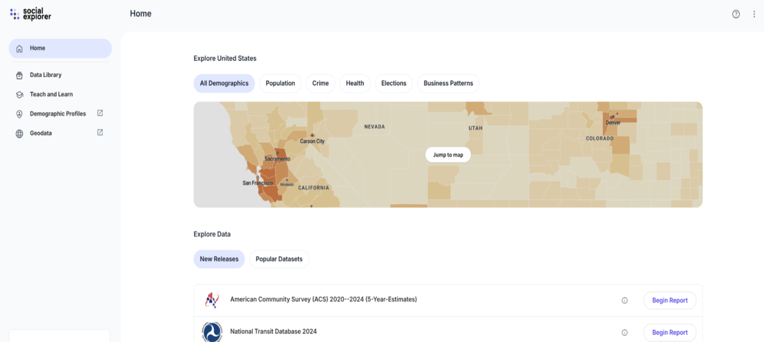 Social Explorer analytics website homepage showing an interactive map of the United States as its primary feature.